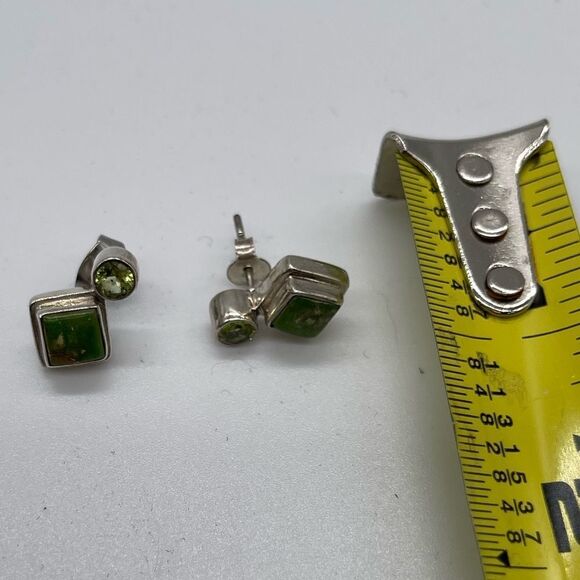 925 Sterling Silver with Peridot & Composite Green Turquoise Earrings - Picture 2 of 4